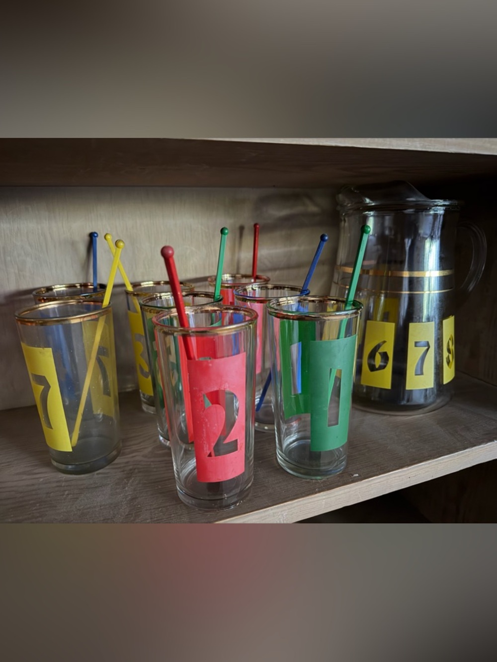 Colored Numbered Glass Tumbler Set with Matching Swizzle Sticks - Multicolor